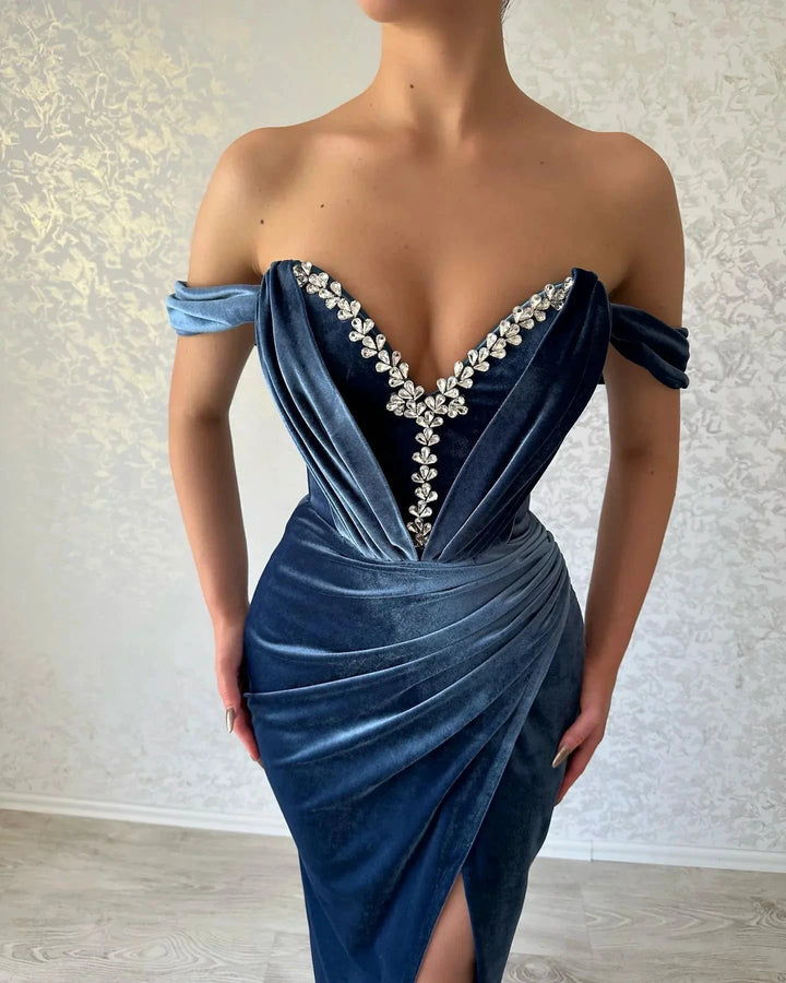 Elegant Long Navy Off-the-shoulder Column Ankle Length Prom Dress With Slit by misshow.com
