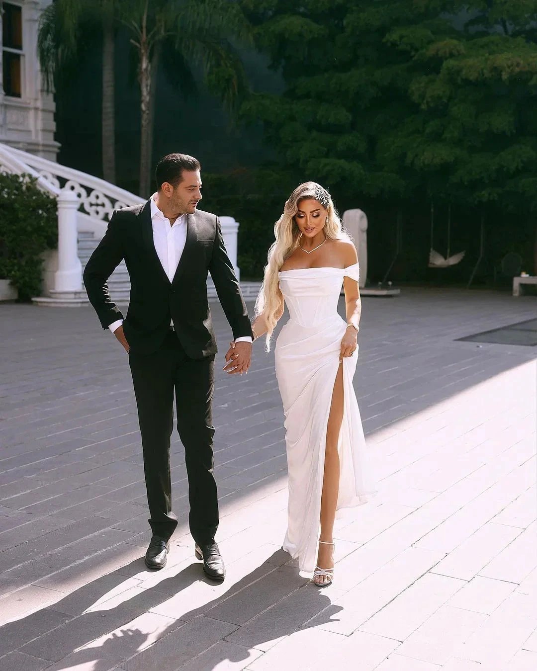 Elegant Long Off-the-shoulder Satin Wedding Dress With Slit by misshow.com