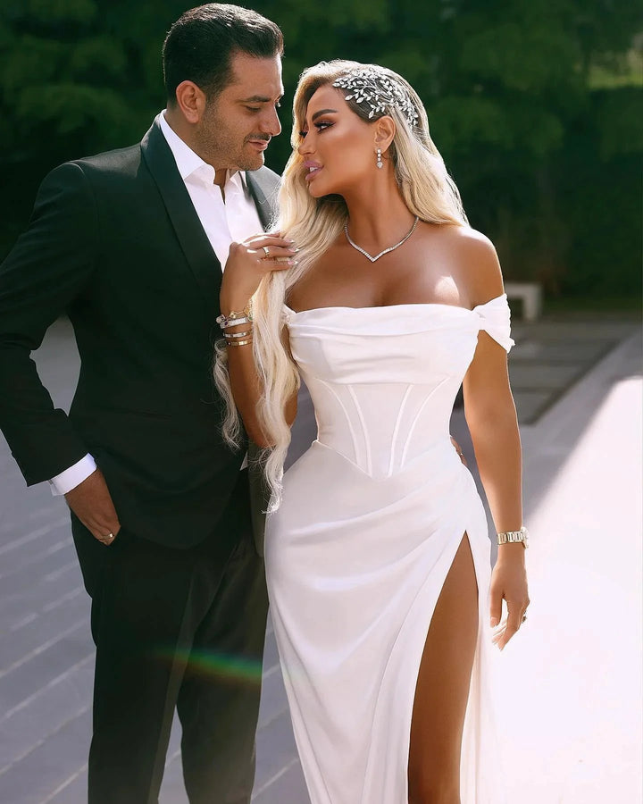 Elegant Long Off-the-shoulder Satin Wedding Dress With Slit by misshow.com