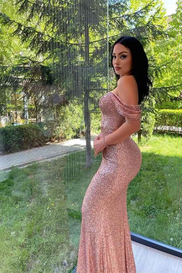 Elegant Long Off-the-shoulder Sequined Mermaid Evening Dresses With Long Sleeves by misshow.com