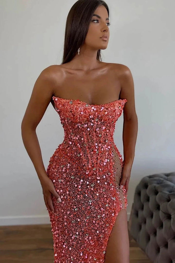 Vestidos de Baile Elegantes Longos Cor-de-Rosa Sexy, Sem Alças e Sem Mangas, Estilo Sereia, com Pedras Brilhantes