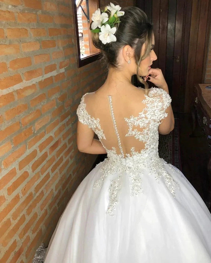 Elegant Long Princess Appliques Lace V-neck Wedding Dresses by BIZTUNNEL