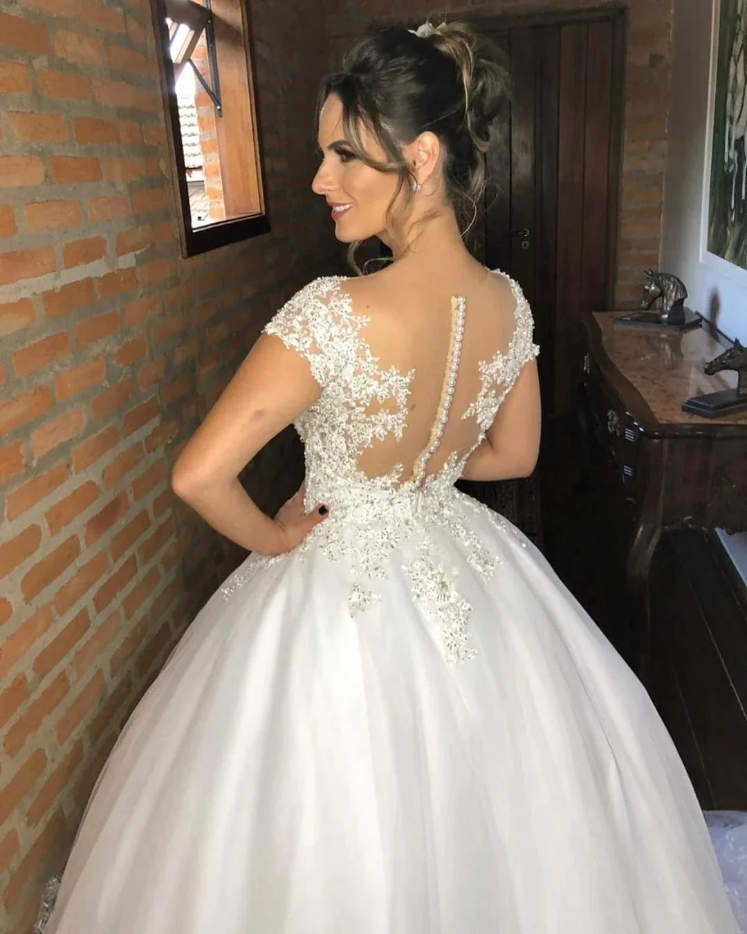 Elegant Long Princess Appliques Lace V-neck Wedding Dresses by BIZTUNNEL