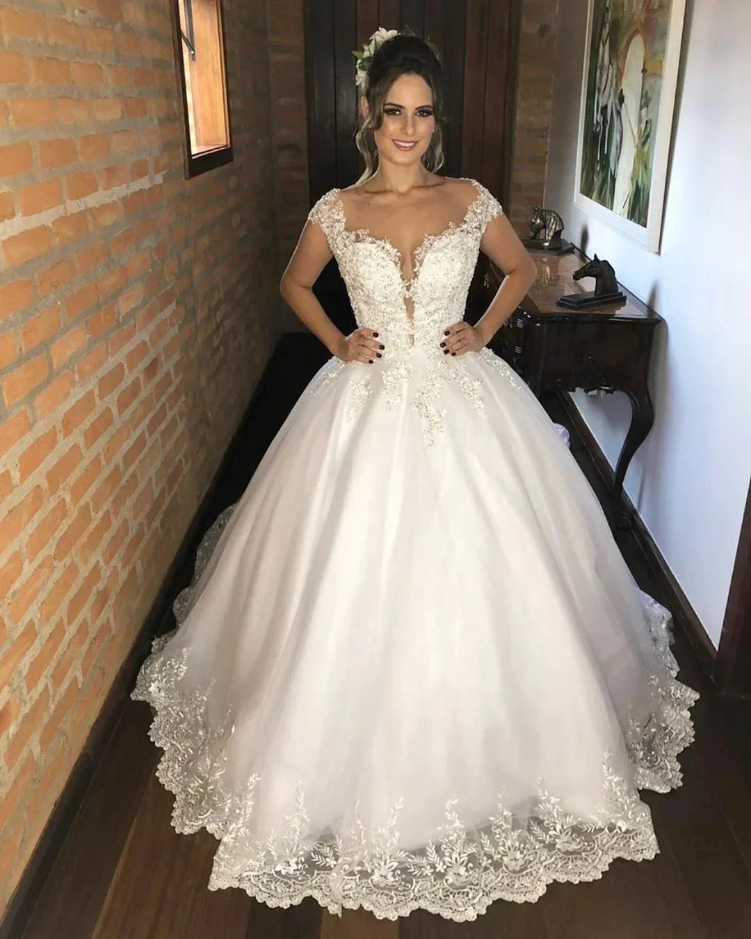 Elegant Long Princess Appliques Lace V-neck Wedding Dresses by BIZTUNNEL