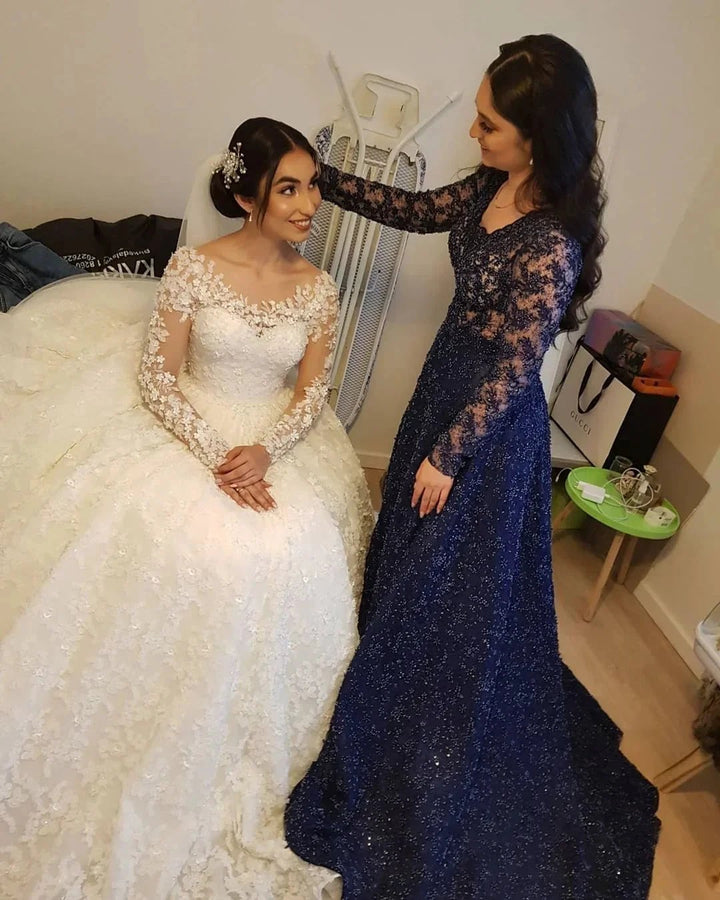 Elegant Long Princess Tulle Lace Wedding Dresses with Sleeves by BIZTUNNEL