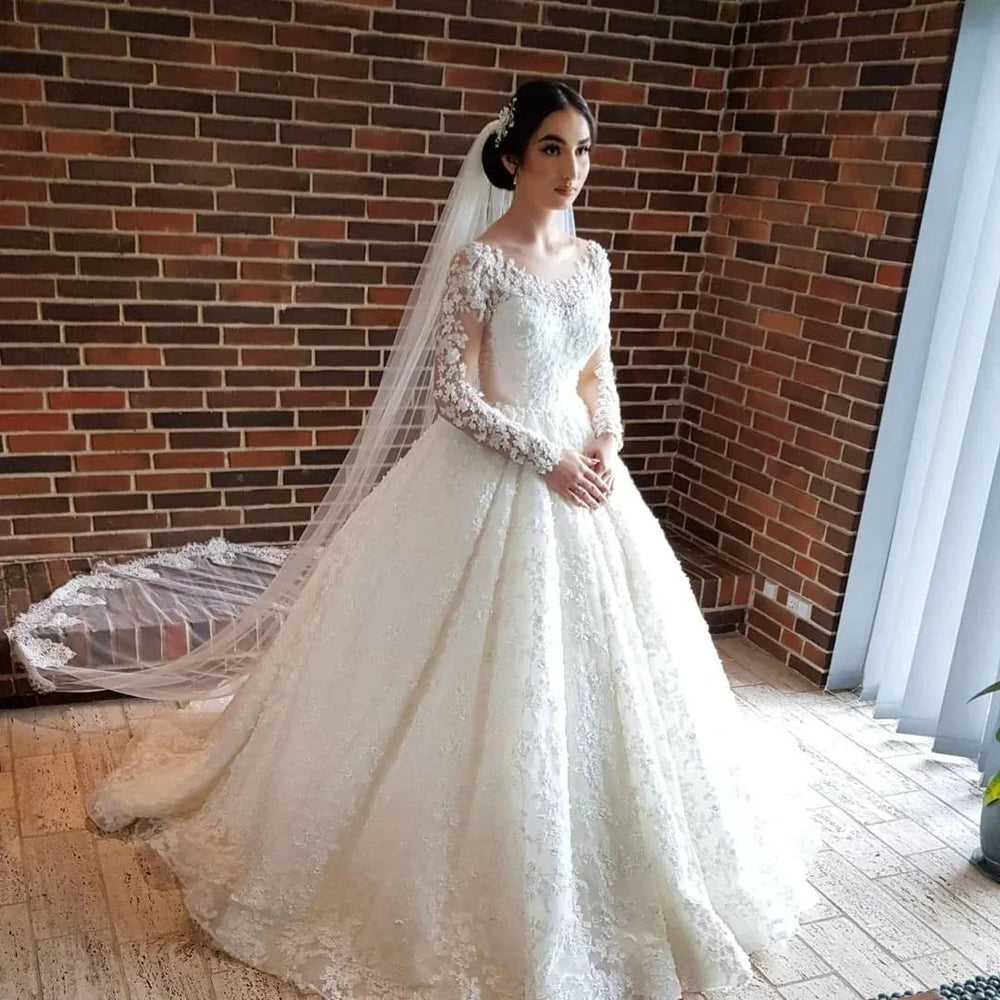 Elegant Long Princess Tulle Lace Wedding Dresses with Sleeves by BIZTUNNEL