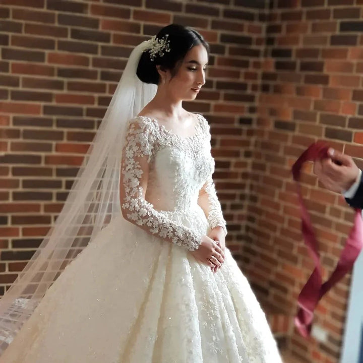 Elegant Long Princess Tulle Lace Wedding Dresses with Sleeves by BIZTUNNEL