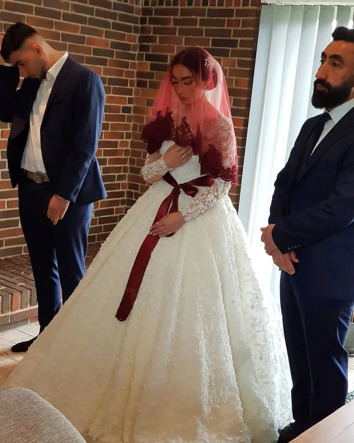 Elegant Long Princess Tulle Lace Wedding Dresses with Sleeves by BIZTUNNEL