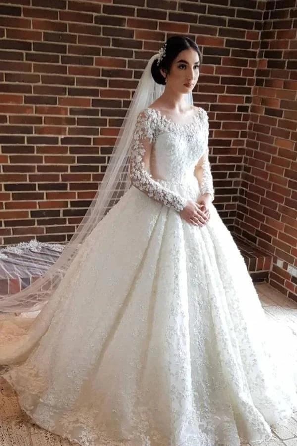 Elegant Long Princess Tulle Lace Wedding Dresses with Sleeves by BIZTUNNEL