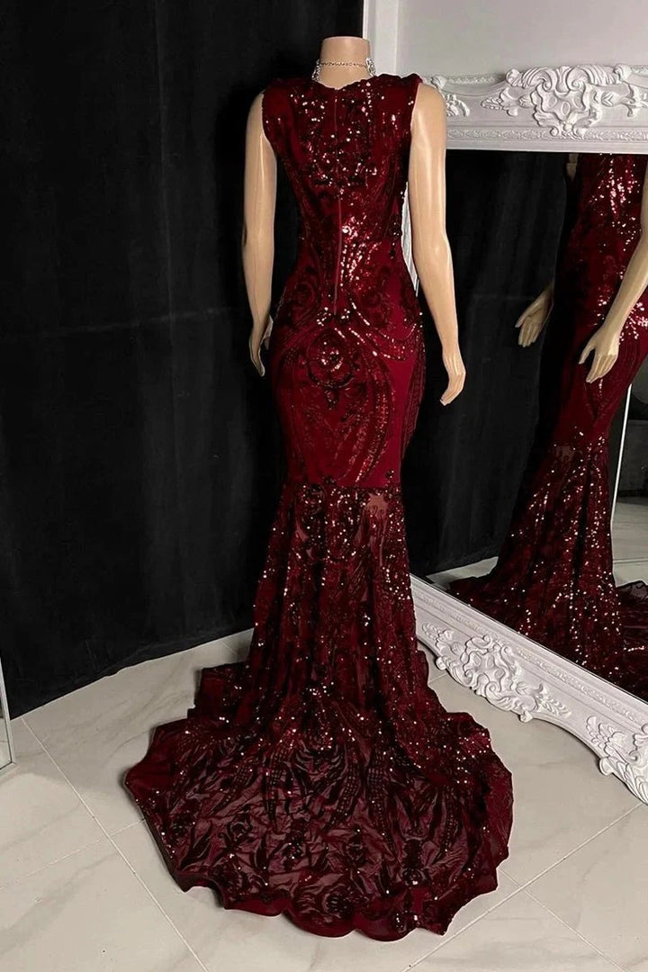 Elegant Long Red Mermaid Sleeveless Prom Dress With Lace by misshow.com