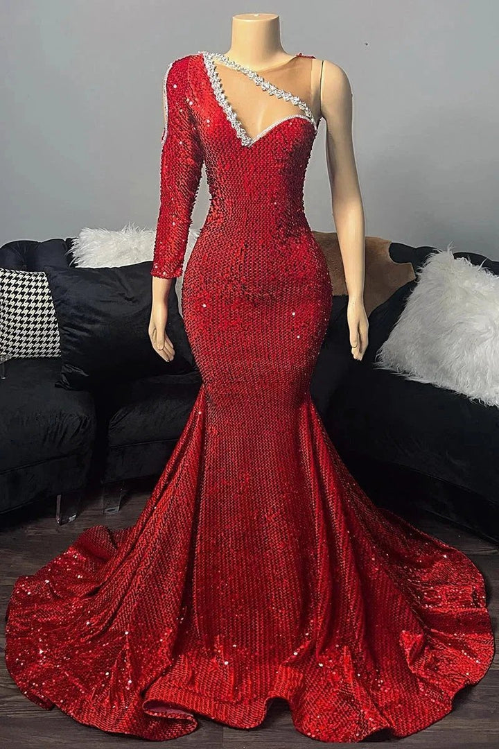 Elegant Long Red One Shoulder V-neck Sequined Prom Dress With Long Sleeve by misshow.com