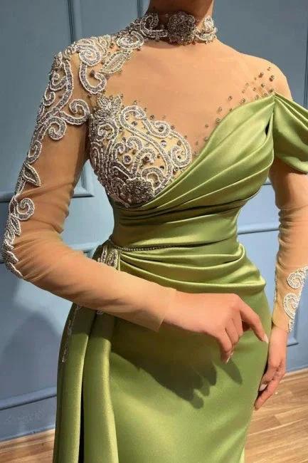 Elegant Long Sage High Neck Mermaid Evening Dresses With Long Sleeves by misshow.com