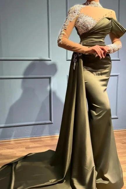 Elegant Long Sage High Neck Mermaid Evening Dresses With Long Sleeves by misshow.com