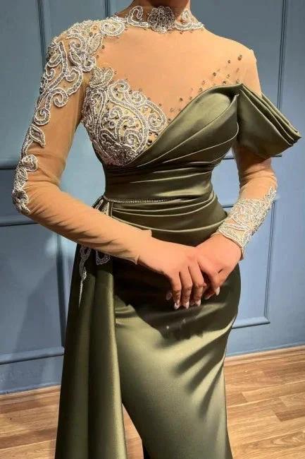 Elegant Long Sage High Neck Mermaid Evening Dresses With Long Sleeves by misshow.com