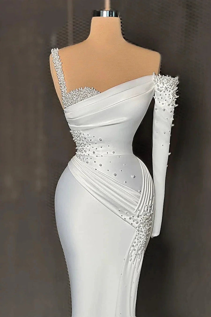 Elegant Long Satin One-Shoulder Mermaid Prom Dress With Beading by misshow.com