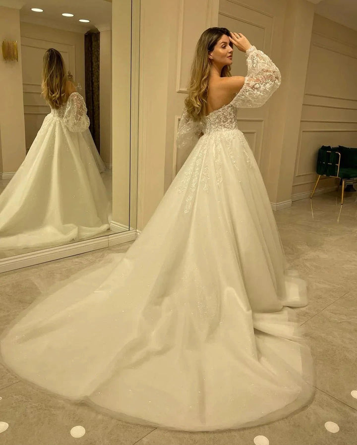 Elegant Long Sleeve A-Line Sweetheart Backless Appliques Lace Wedding Dress by BIZTUNNEL