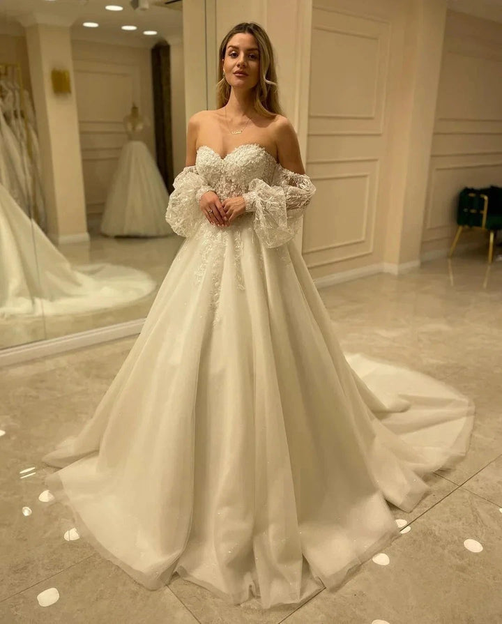 Elegant Long Sleeve A-Line Sweetheart Backless Appliques Lace Wedding Dress by BIZTUNNEL