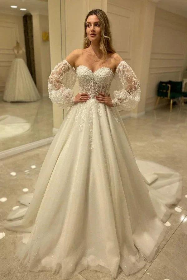 Elegant Long Sleeve A-Line Sweetheart Backless Appliques Lace Wedding Dress by BIZTUNNEL