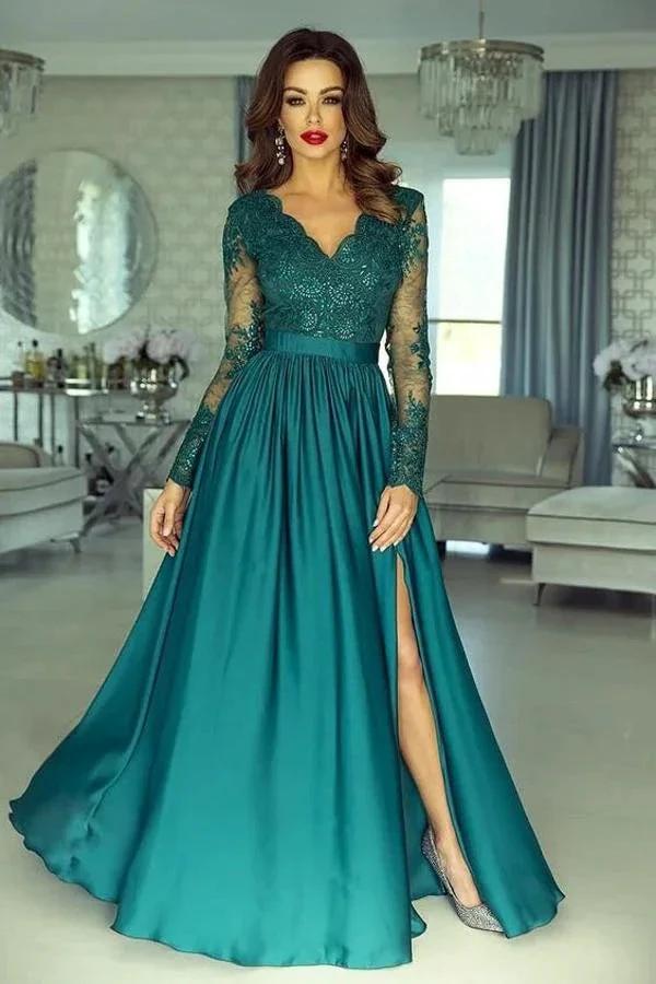 Elegant Long Sleeve A-line V-neck Lace Long Prom Dress with Slit by BIZTUNNEL
