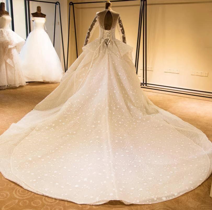 Elegant Long Sleeve Beading Lace-up Tulle Ball Gowns Sparkle Wedding Dress by misshow.com