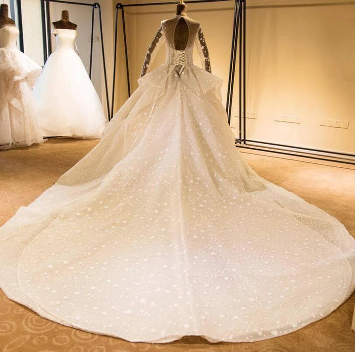 Elegant Long Sleeve Beading Lace-up Tulle Ball Gowns Sparkle Wedding Dress by misshow.com