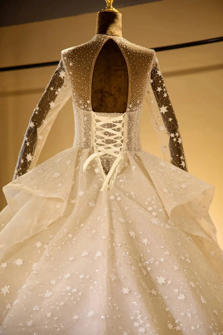 Elegant Long Sleeve Beading Lace-up Tulle Ball Gowns Sparkle Wedding Dress by misshow.com