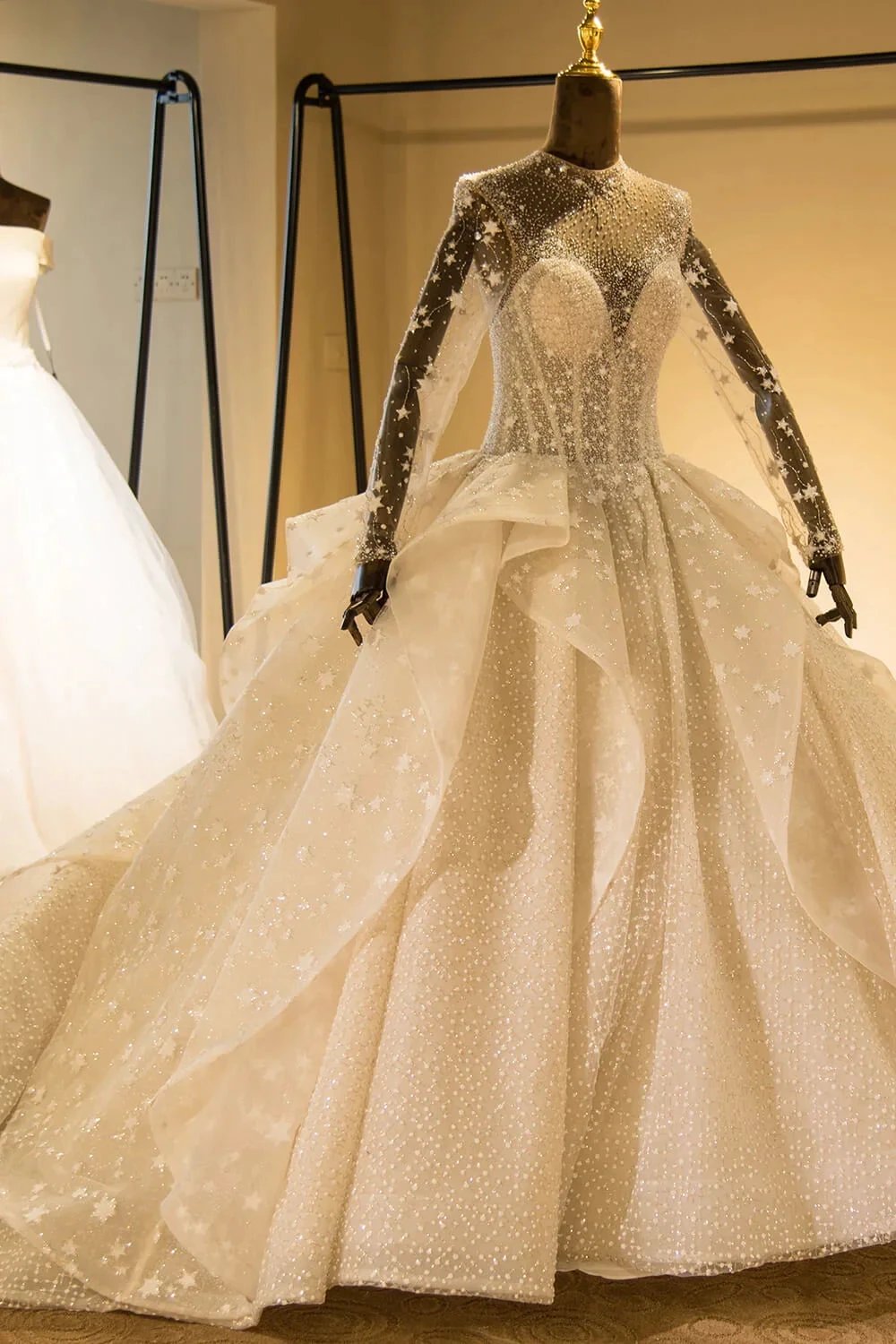 Elegant Long Sleeve Beading Lace-up Tulle Ball Gowns Sparkle Wedding Dress by misshow.com
