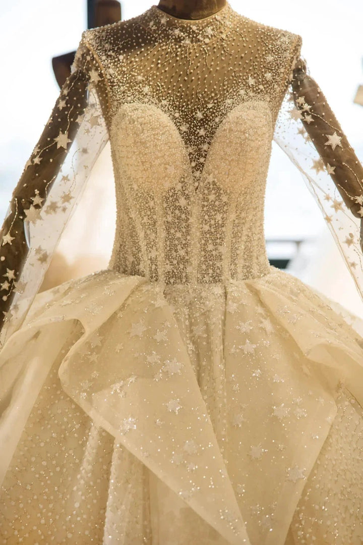 Elegant Long Sleeve Beading Lace-up Tulle Ball Gowns Sparkle Wedding Dress by misshow.com