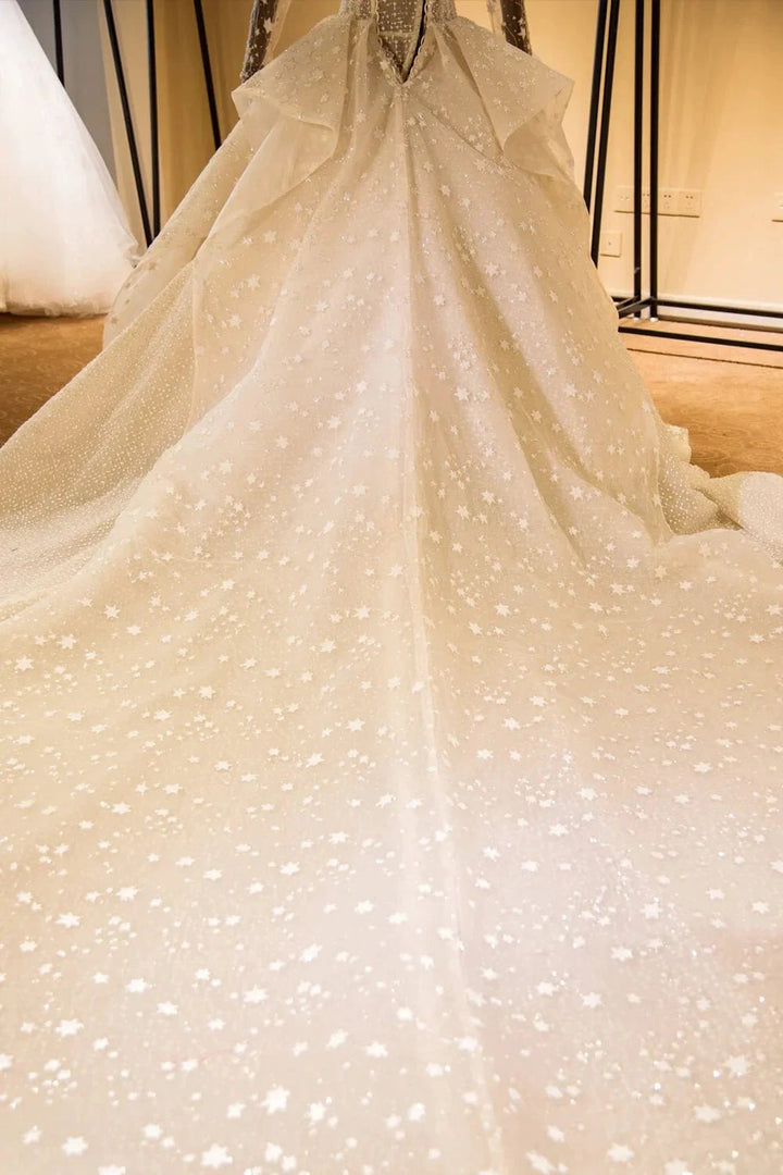 Elegant Long Sleeve Beading Lace-up Tulle Ball Gowns Sparkle Wedding Dress by misshow.com