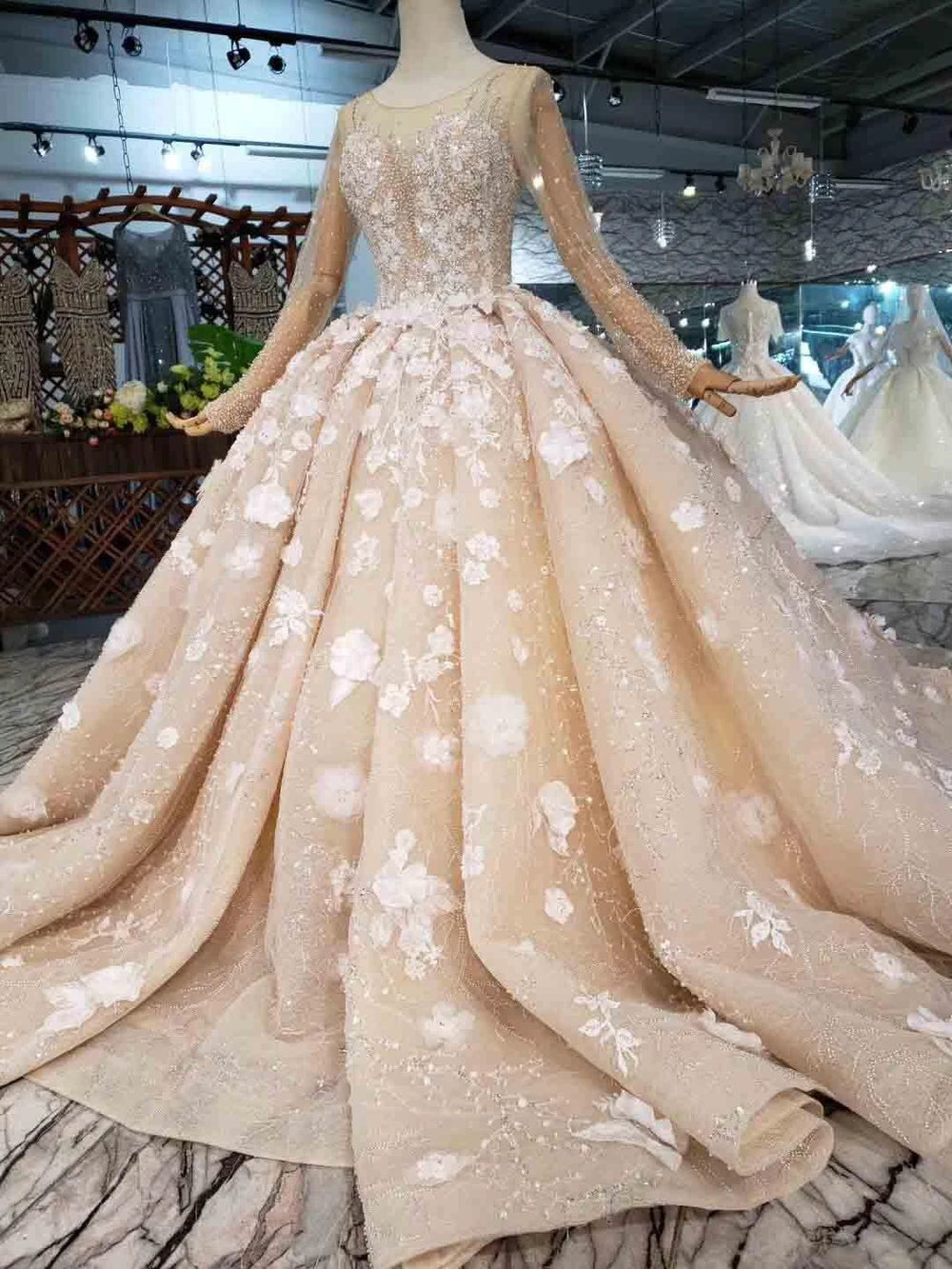 Elegant Long Sleeves Ball Gown Beading Wedding Dress With Flowers WD377 by pgmdress