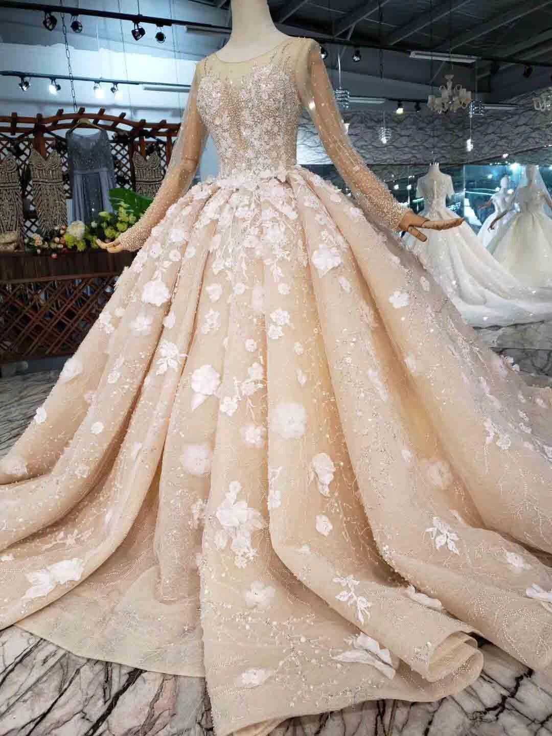 Elegant Long Sleeves Ball Gown Beading Wedding Dress With Flowers WD377 by pgmdress