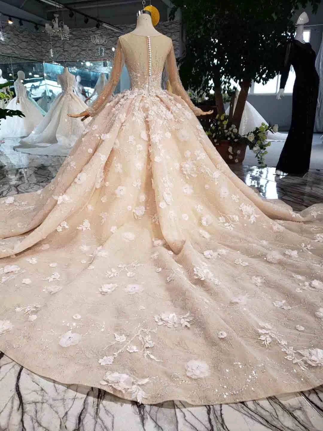 Elegant Long Sleeves Ball Gown Beading Wedding Dress With Flowers WD377 by pgmdress