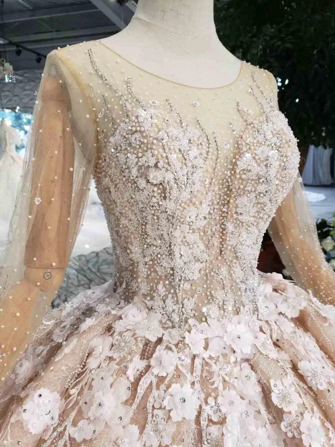Elegant Long Sleeves Ball Gown Beading Wedding Dress With Flowers WD377 by pgmdress