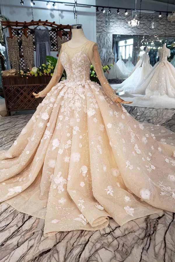 Elegant Long Sleeves Ball Gown Beading Wedding Dress With Flowers WD377 by pgmdress