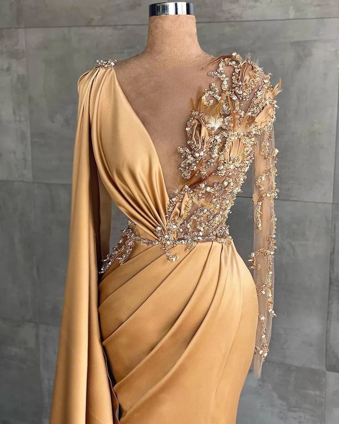 Elegant Long Sleeves Mermaid V-neck Satin Prom Dress with Slit by BIZTUNNEL