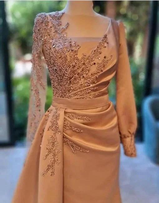 Elegant Long Sleeves Prom Dress Floral Satin Evening Party Dress with Side Sweep Train by misshow.com