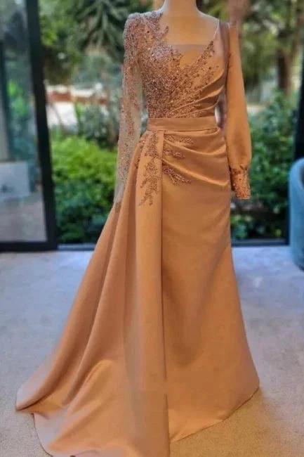 Elegant Long Sleeves Prom Dress Floral Satin Evening Party Dress with Side Sweep Train by misshow.com