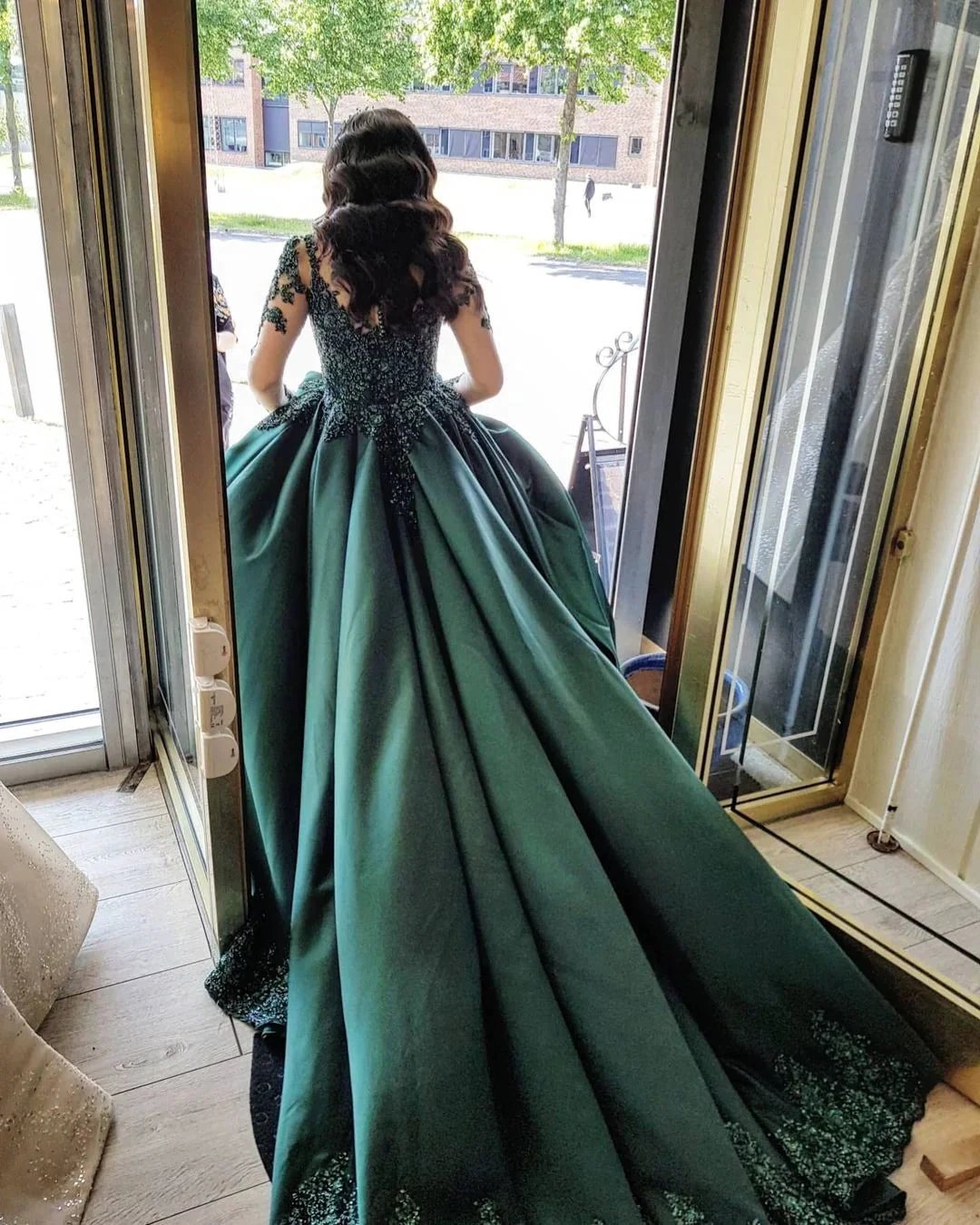 Elegant Long Sleeves Sweetheart Lace Satin Ball Gown Prom Dresses by BIZTUNNEL
