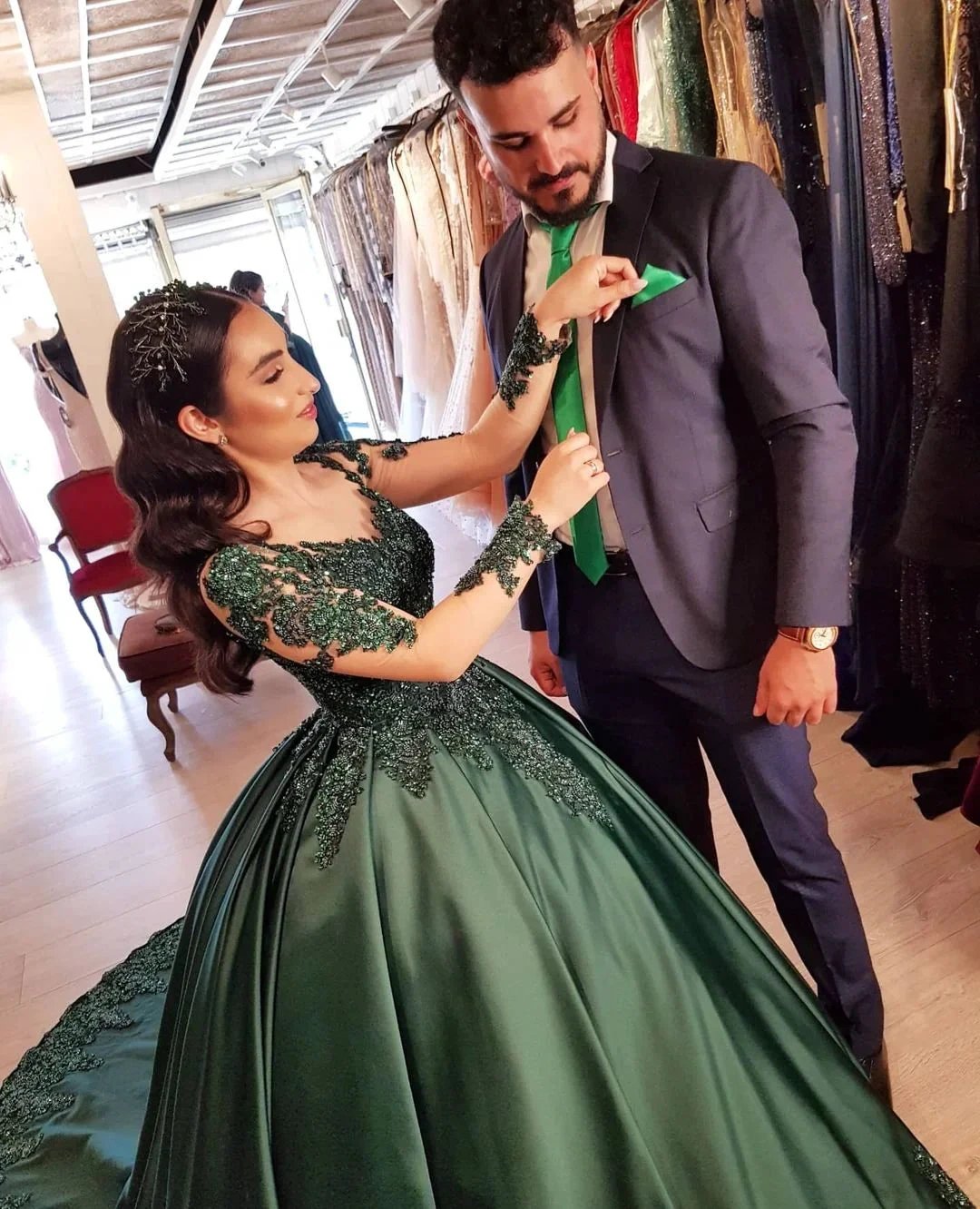 Elegant Long Sleeves Sweetheart Lace Satin Ball Gown Prom Dresses by BIZTUNNEL