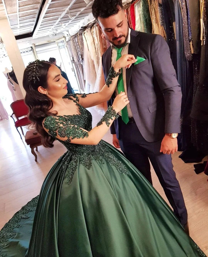 Elegant Long Sleeves Sweetheart Lace Satin Ball Gown Prom Dresses by BIZTUNNEL