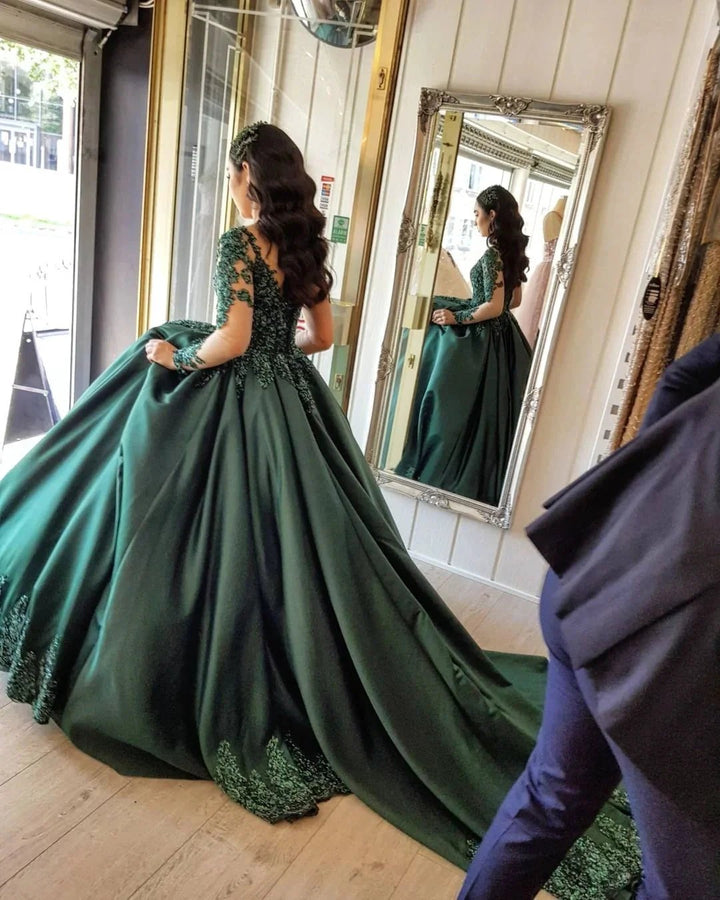 Elegant Long Sleeves Sweetheart Lace Satin Ball Gown Prom Dresses by BIZTUNNEL