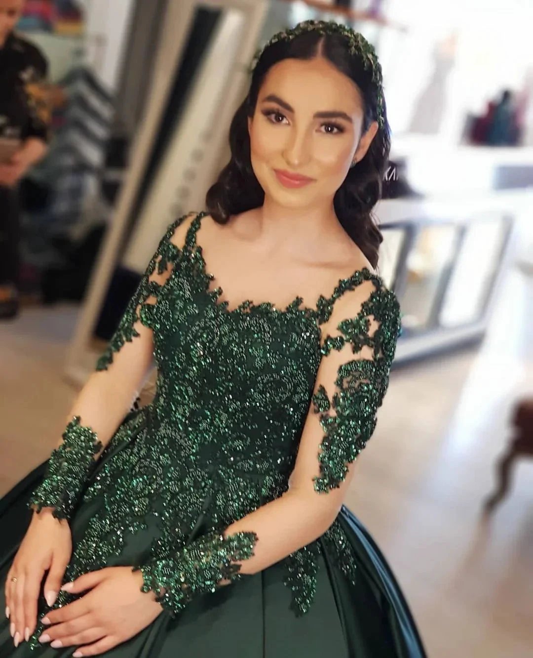 Elegant Long Sleeves Sweetheart Lace Satin Ball Gown Prom Dresses by BIZTUNNEL