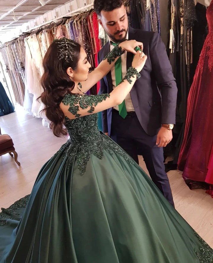 Elegant Long Sleeves Sweetheart Lace Satin Ball Gown Prom Dresses by BIZTUNNEL