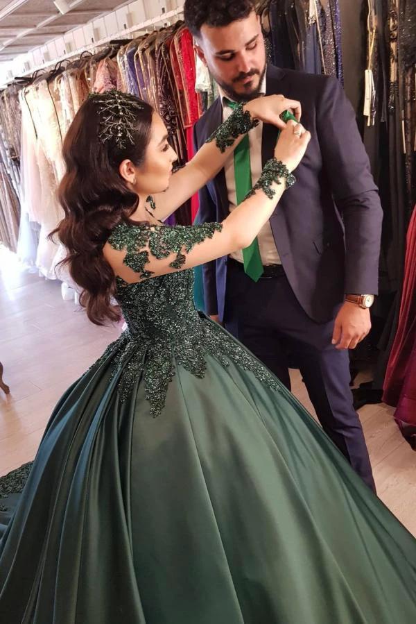 Elegant Long Sleeves Sweetheart Lace Satin Ball Gown Prom Dresses by BIZTUNNEL