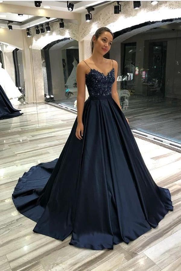 Elegant Long Sweetheart Spaghetti Straps Satin Princess Prom Dress by BIZTUNNEL
