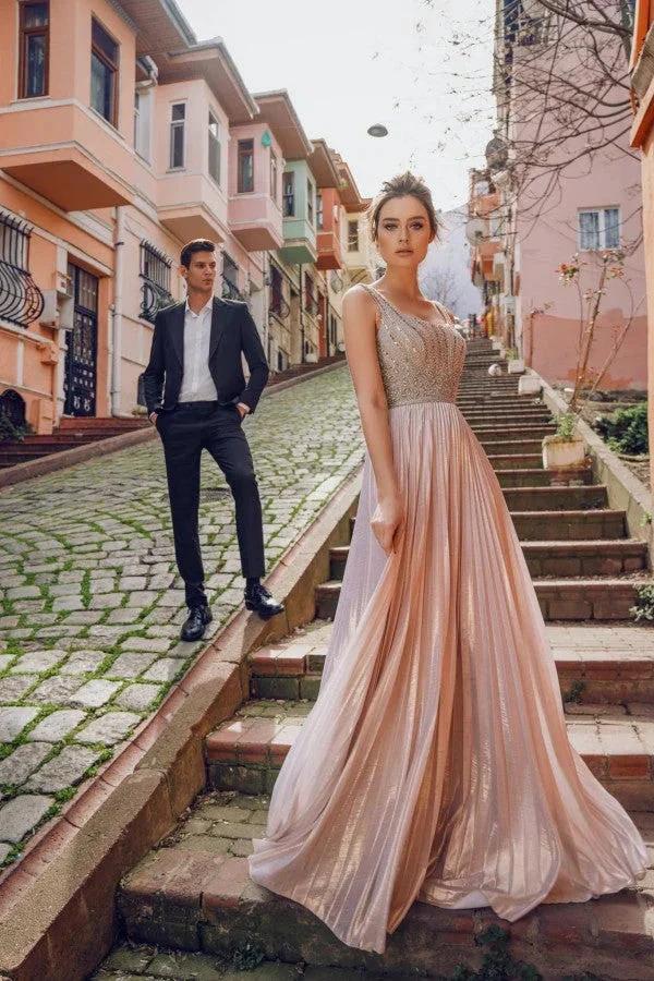 Elegant Long V-neck Bright Silk A-line Prom Dress by BIZTUNNEL