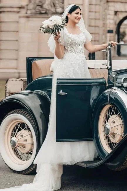 Elegant Long White A-line Square Neck Tulle Lace Wedding Dress with Short Sleeves by misshow.com