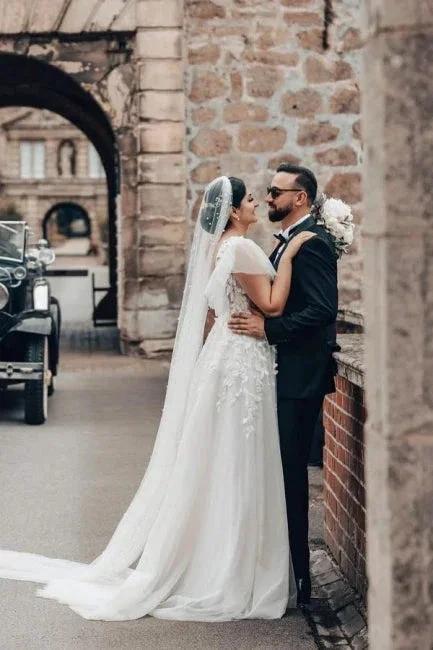 Elegant Long White A-line Square Neck Tulle Lace Wedding Dress with Short Sleeves by misshow.com