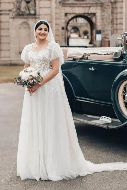 Elegant Long White A-line Square Neck Tulle Lace Wedding Dress with Short Sleeves by misshow.com