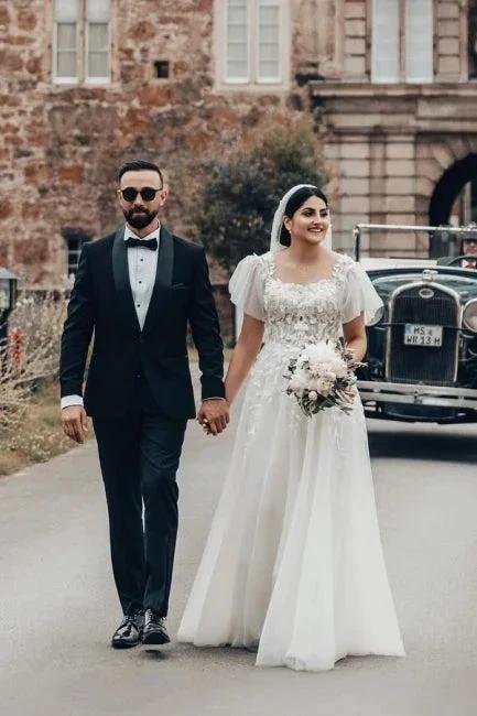 Elegant Long White A-line Square Neck Tulle Lace Wedding Dress with Short Sleeves by misshow.com